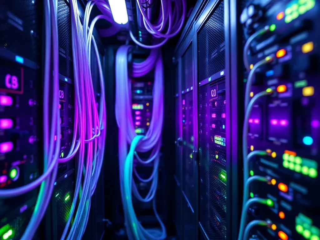 High-tech server room with glowing purple and neon green dat